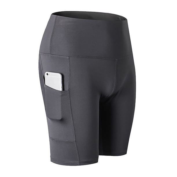 Gibobby Short Deportivo Pantalones cortos de yoga de entrenamiento sólido de cintura alta para mujer con 2 bolsillos ocultos Pantalones cortos ajustados(Gris, S)