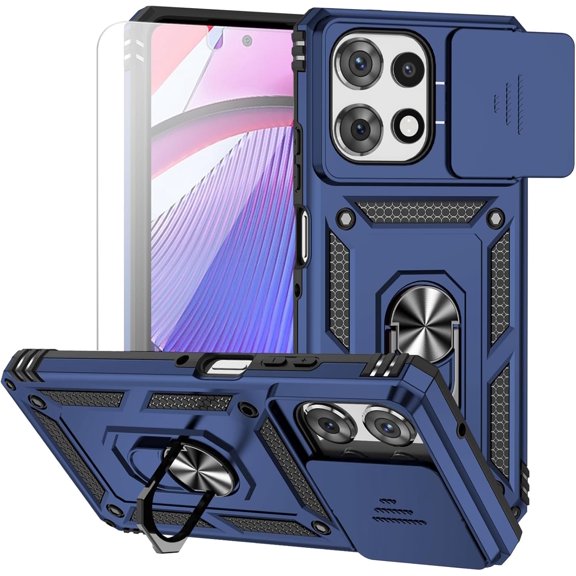 HCTian for Moto G Power 2025 Case, with Camera Lens Cover Screen Protector, Dual Layer Military-Grade Drop Tested Magnetic Ring Holder Kickstand Protective Phone Case for Moto G Power 2025