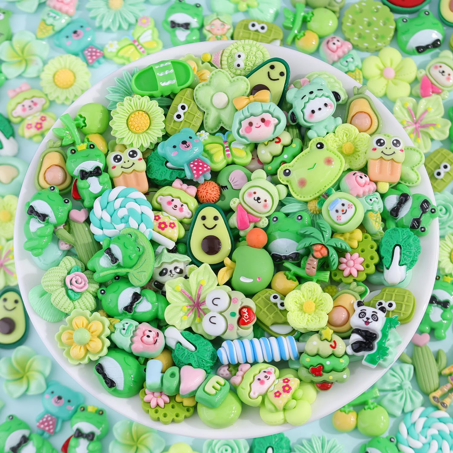 MEC 100Pcs Green Slime Charms Assorted Cute Decoden Embellishments, Kawaii Slime Accessories,Candy Heart Bear Bulk Flatback Resin Charm for Phone Junk Cases,Scrapbooking Crafting & DIY Decoration