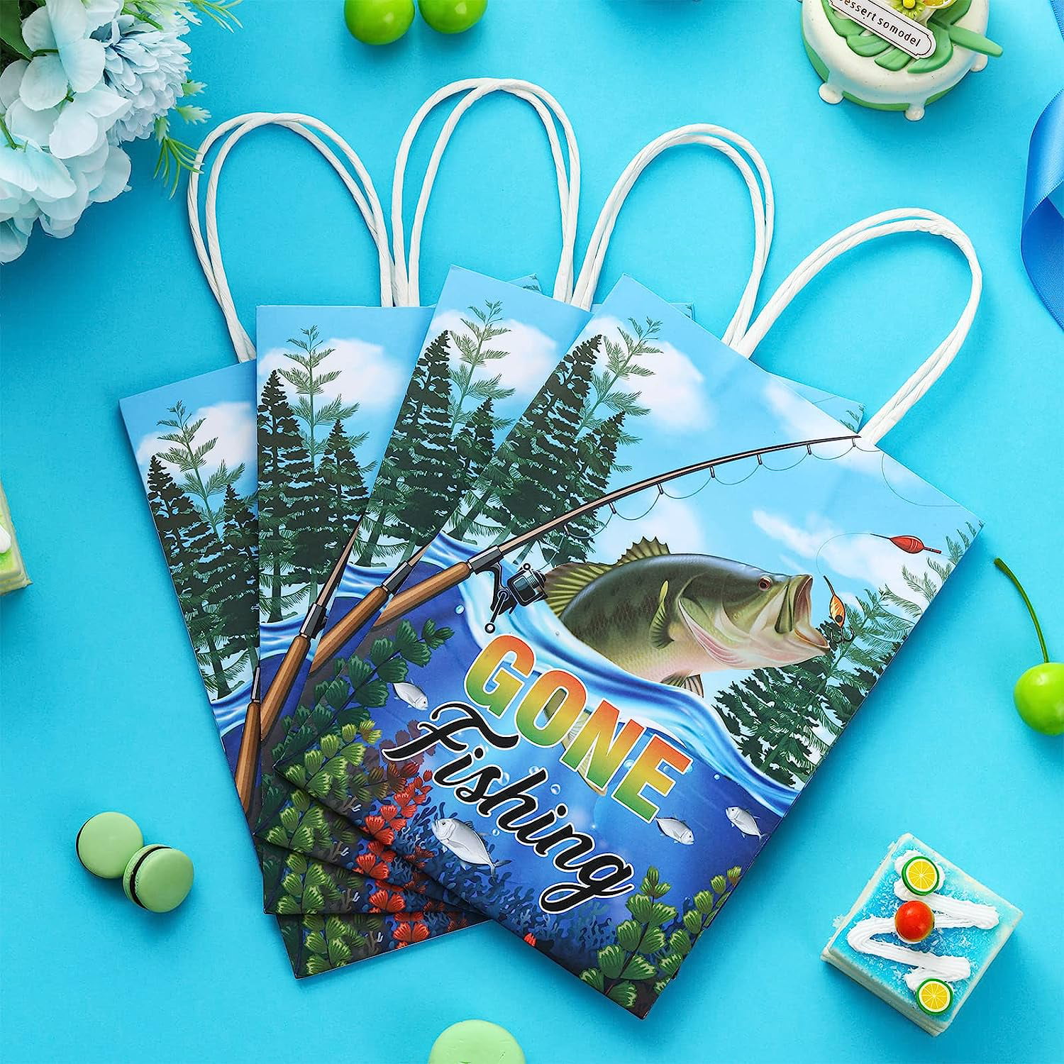 12pcs Gone Fishing Party Gift Treat Bags with Stickers Fishing