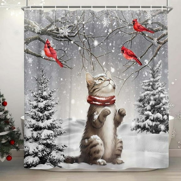 Funny Cat Shower Curtain, winter Snow Scene Themed Bathroom Decor Cute Animal Shower Curtains for Bathroom Fabric Bath Accessories 12 Pack Hooks 69x70inch
