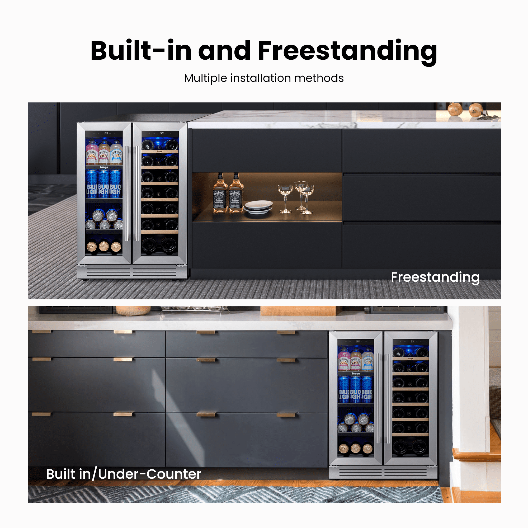 Yeego 24 inch Wine and Beverage Refrigerator, 20 Bottles and 60 Cans Dual Zone Fridge with French Glass Door for Home/Office, 36℉~72℉, Built-in/ Freestanding