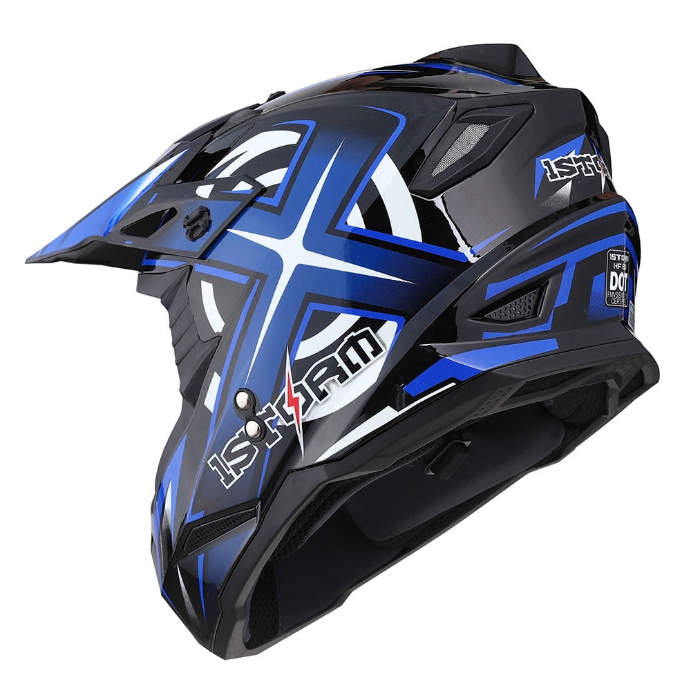 1Storm Adult Motocross Helmet BMX MX ATV Dirt Bike Helmet Racing Style HF801 + Goggle + Gloves Bundle; Sonic Blue
