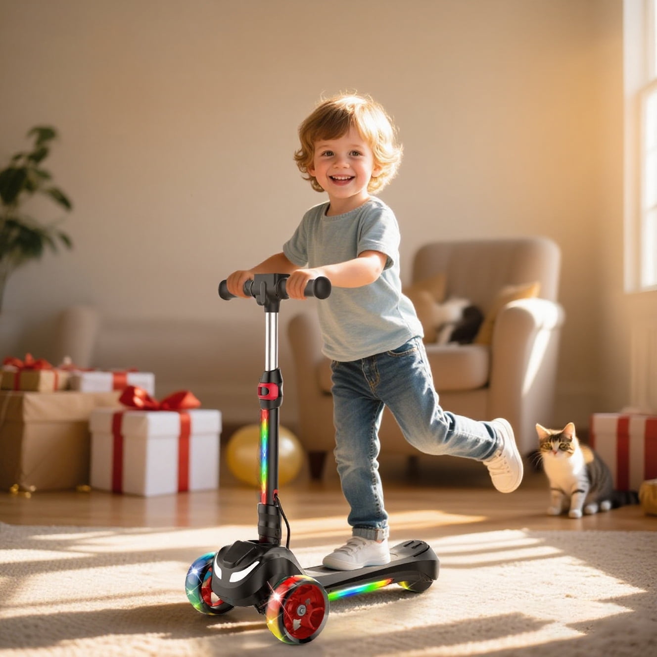 Electric Scooter for Kids Age 3-6, Bluetooth & Display Foldable 3-Wheel Escooter, Light-Up Wheels & Pedal Adjustable Scooter, 2-Speed Electric Ride On Toys (Black)