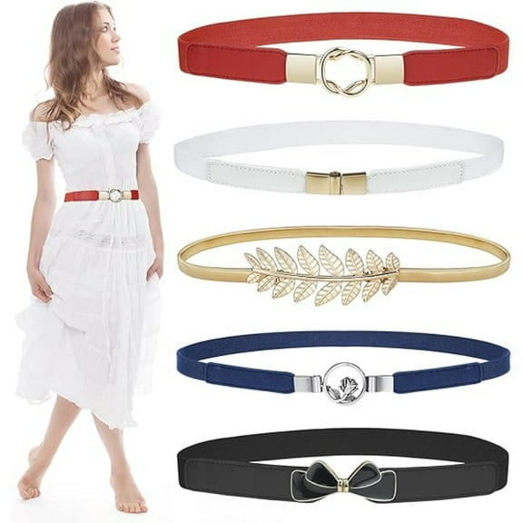 5-Pack Decorative Stretch Belts, Unique Themed Buckles, Comfort Fit Elastic, Women's Skinny Waist Belts for Dresses & Gifts