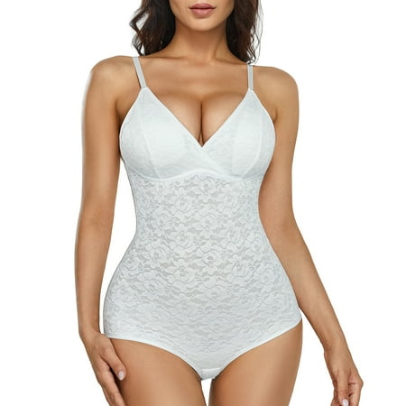 

Irisnaya Women s Lace Bodysuit Tummy Control Shapewear Sleeveless V-Neck Tops Backless Camisole Jumpsuit Slimming Full Body Shaper(White Medium)