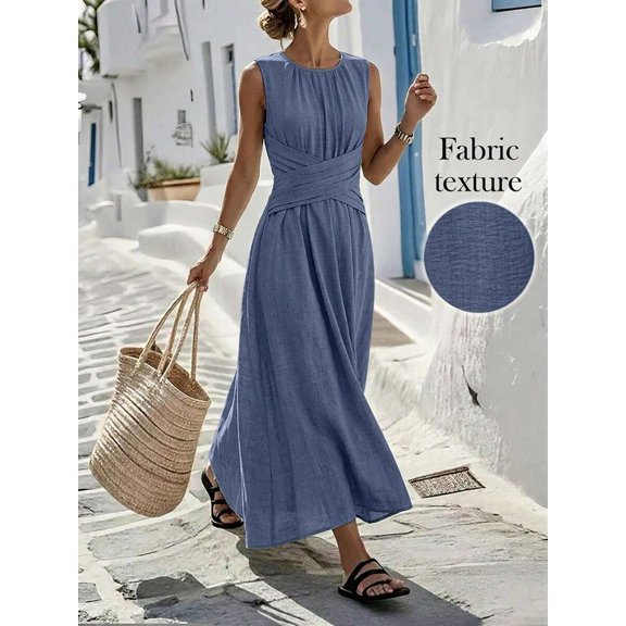 Womens Gray Blue Sleeveless Criss-Cross Waist A-Line Maxi Dress, Casual
