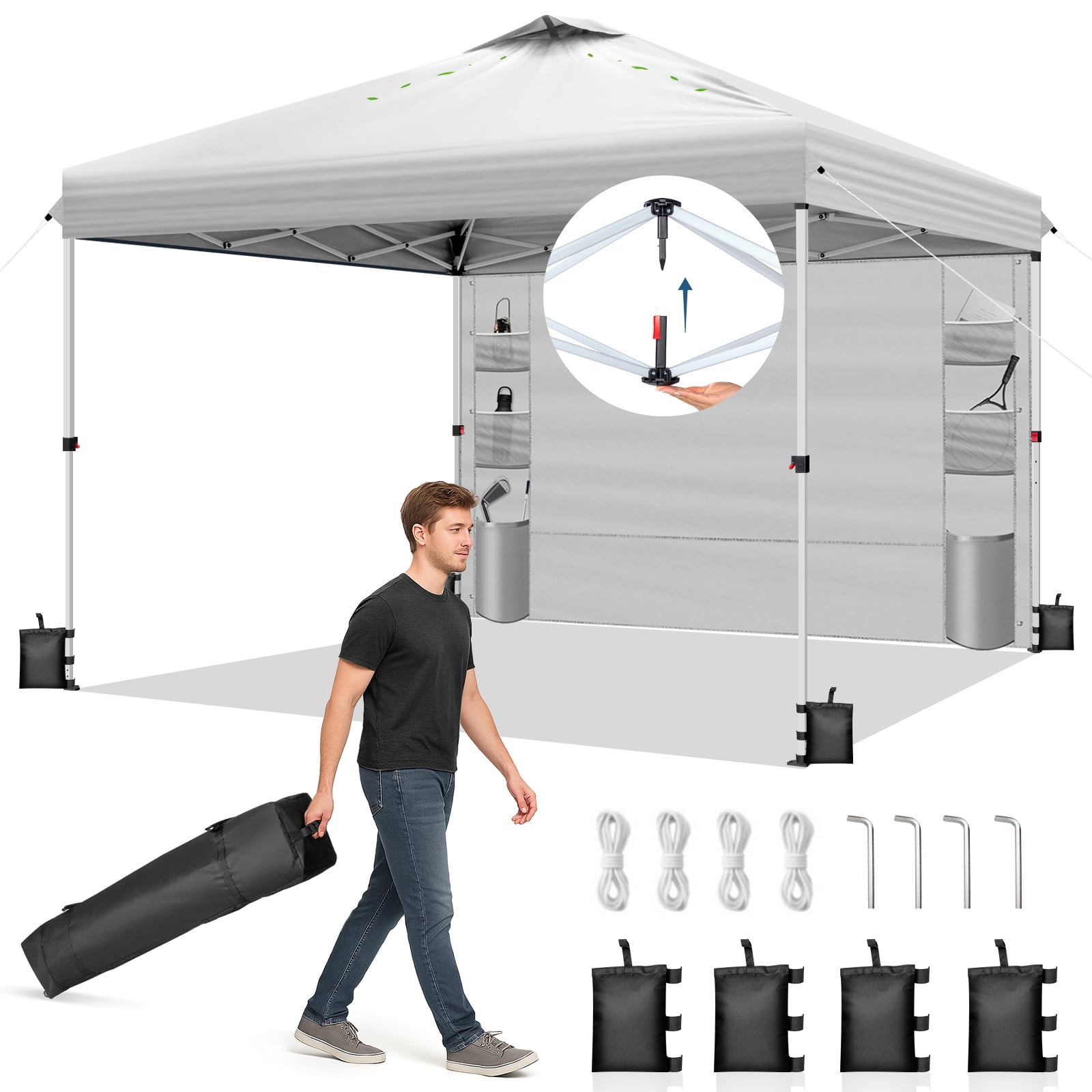 Ktaxon 10x10 Ez Pop Up Canopy Tent,Outdoor Sun Shade Shelter,Outdoor Gazebo,One Push Setup with Pockets Sidewall,1 Roller Bag,4 Sandbags,UPF50+ - White