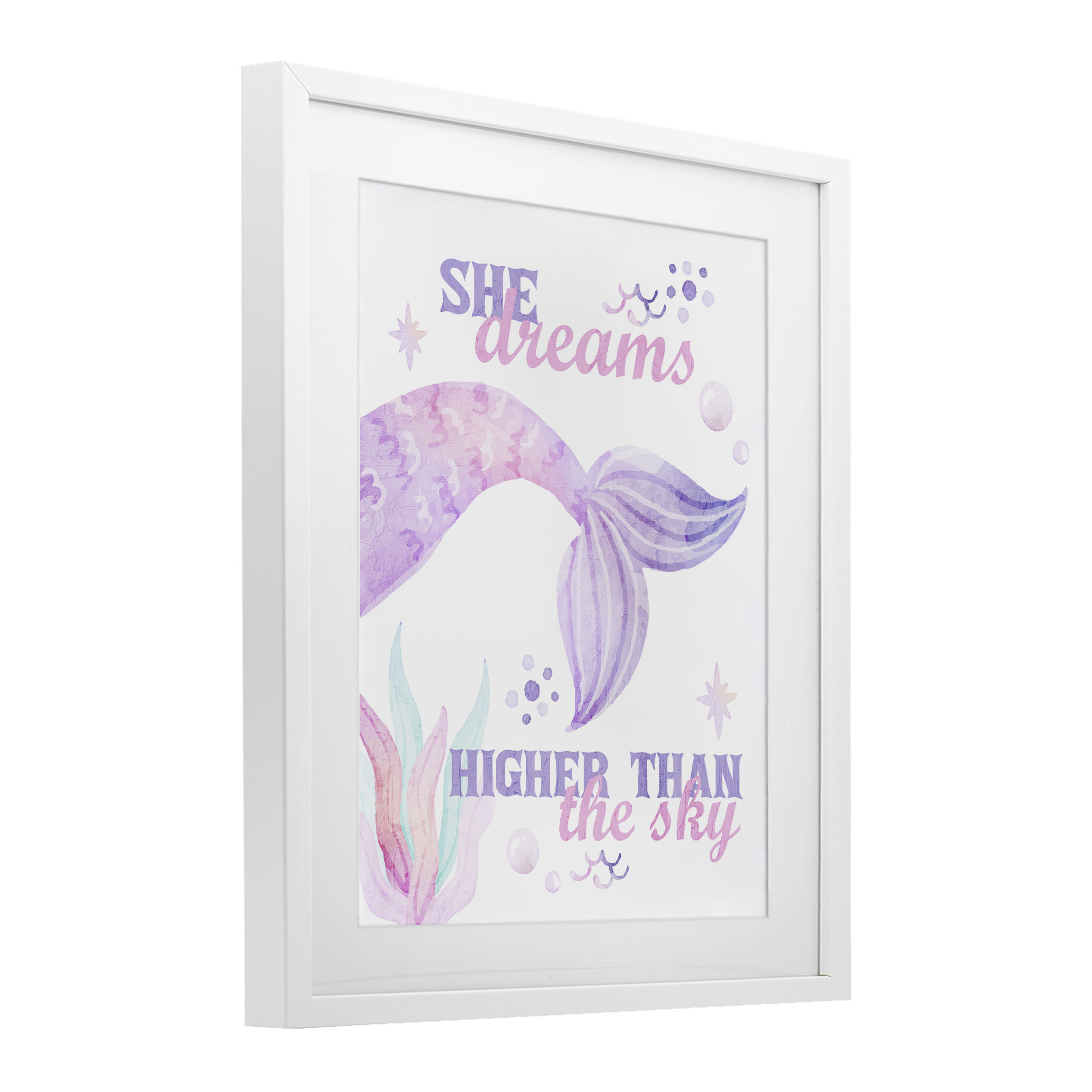 She Dreams Higher Than The Sky White Framed Print Under Glass, design by Kim Allen