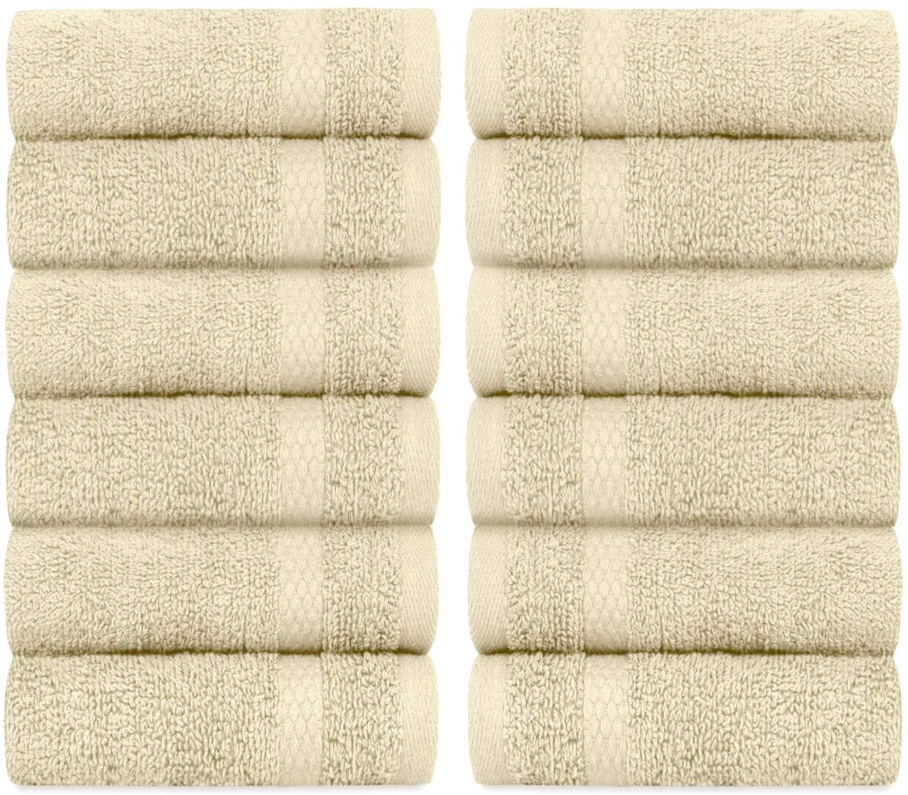 Beige White Classic Luxury Cotton Washcloths 12 Pack Large Hotel Spa Bathroom Face Towel