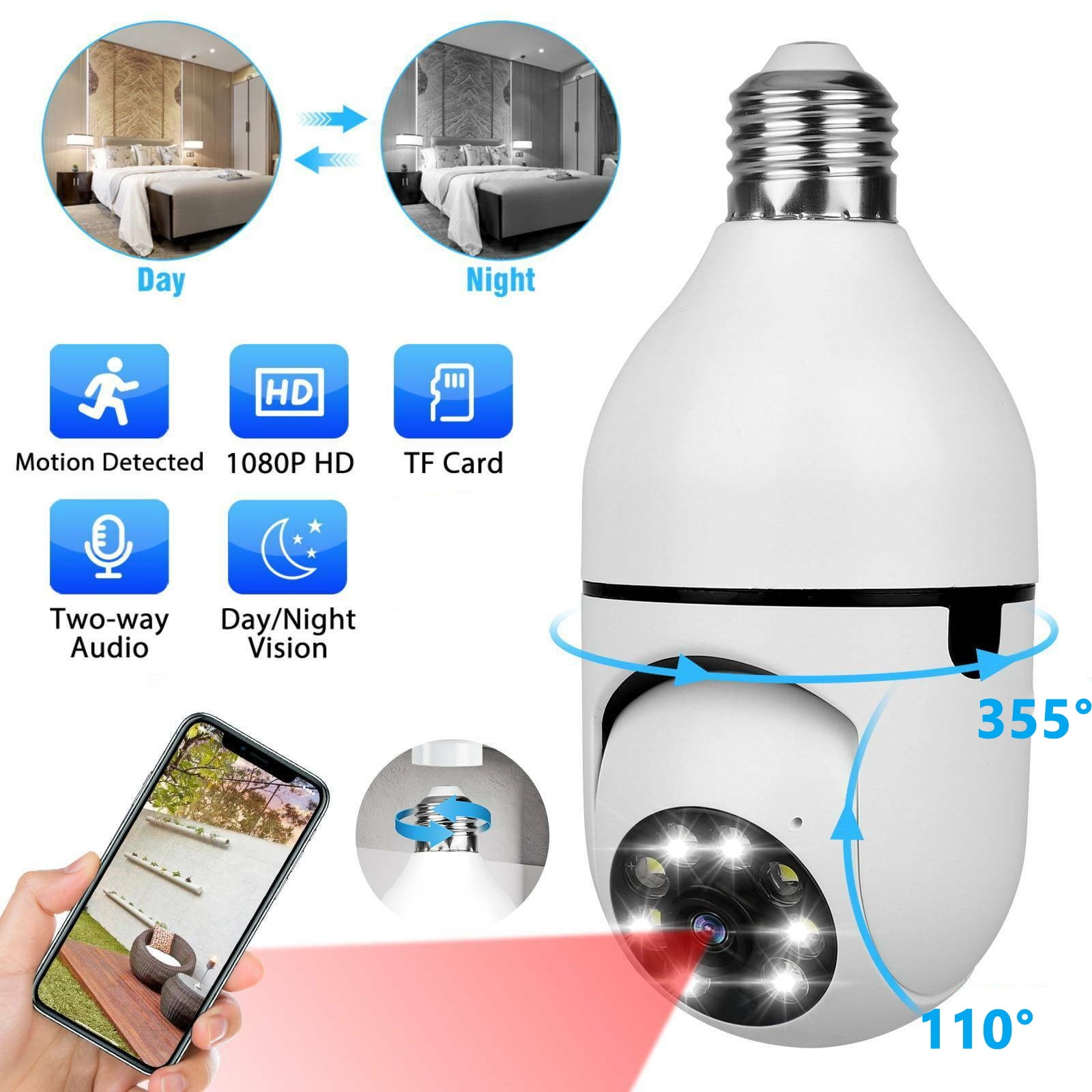 360 Degree E27 Light Bulb Camera, Wi-Fi Wireless Outdoor Light Bulb Camera, 1080P Outdoor Light Bulb Security Camera for Home Security with Night Vision Motion Detection