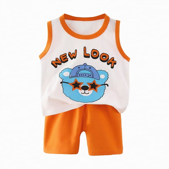 UngA Toddler Baby Summer Clothes for Boys 3 6 12 18 24 Months 2T 3T 4T 5T Print Sleeveless Crew Neck Tank Top and Elastic Waist Shorts Set Toddler Baby Outfits for Girls (Orange,3-4 Years)