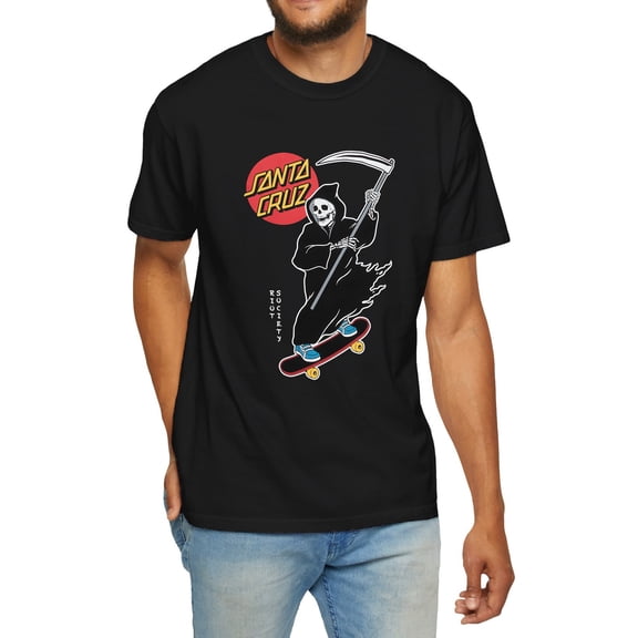 DERNM Men's Casual Short Sleeve Graphic T-Shirt - Santa Skateboarding & SANTA TZL Letter Print, Black Round Neck Summer Tee, Machine Washable Regular Fit, Nontransparent Fabric