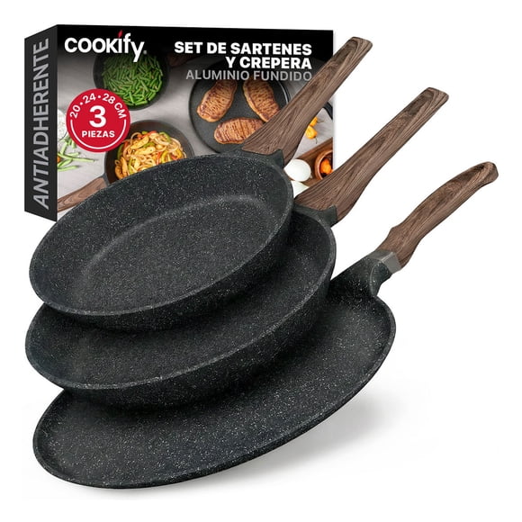 Set de 3 Piezas de Sartén Antiadherente de Mármol Cookify (Negro, 20 cm, 24 cm y Crepera 28 cm)