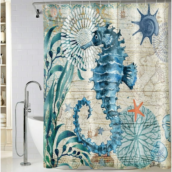 Sea Horse Shower Curtain 72 x 72 Inch, Ocean Theme Shower Curtain for Bathroom Decor, Nautical Shower Curtain with 12 Hooks