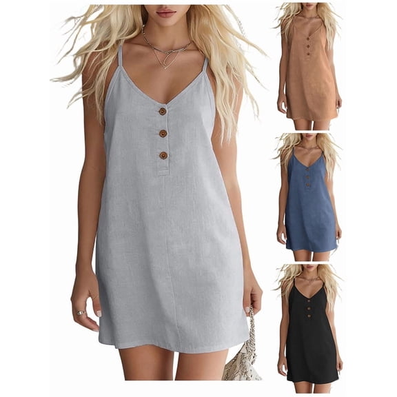 Afuyipoi Womens 100% Cotton Adjustable Spaghetti Strap V-Neck Button Front Mini Dress, Loose Casual Solid Color Sundress, Soft Breathable Summer Beach Vacation Dress For Women Gray Size L