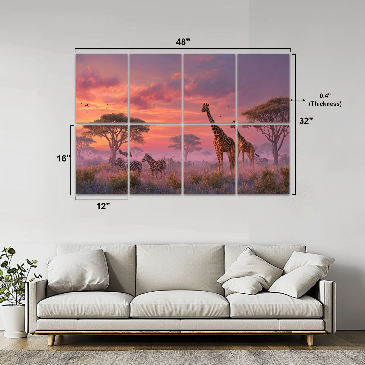 8 Pack Art Acoustic Panels Sound Absorbing Savanna Sunrise Giraffes Zebras Lions Decorative Soundproof Wall Panels Self Adhesive for Nursery Game Room Bedroom 48"x32"