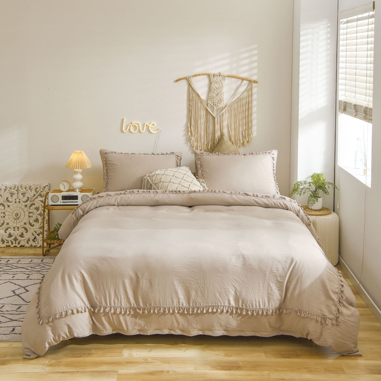 Move Over Taupe Tassel Bedding Set Ruched Tassel Duvet Cover Set Pinched Pattern Washed Microfiber Queen No Filling