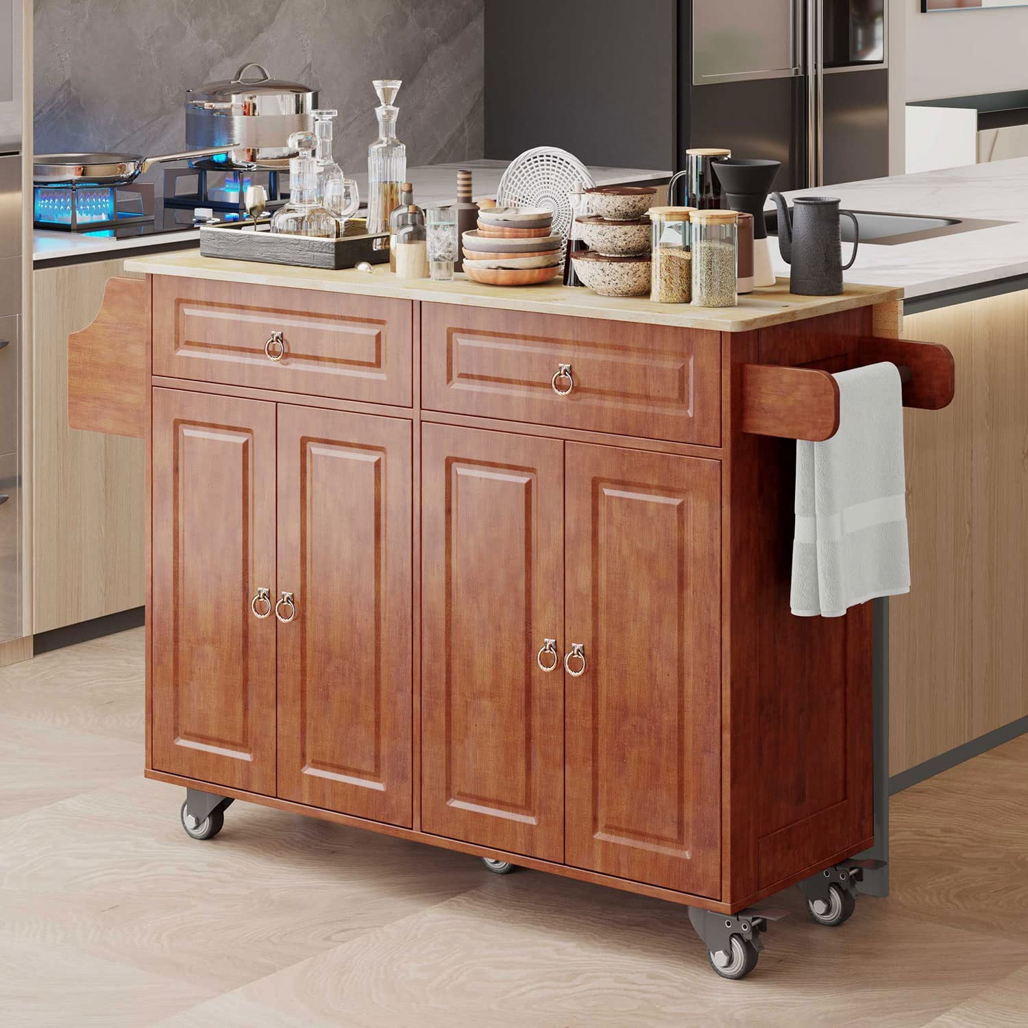 Lofka Kitchen Islands with Storage, Kitchen Island Cart with Wood Drop
