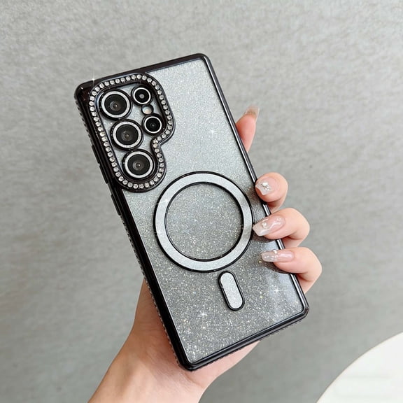 For Samsung Galaxy S25  Phone Case,Compatible With Wireless Charging,Gradient Glitter Back Design,Luxury Diamond Frame,With Lens Film,Shockproof Anti-fall Electroplated Phone Case,Black