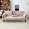 thumbnail image 2 of 70" Foldable Cotton Linen Sofa Bed w/ Cup Holder &amp; Side Storage - Beige - 2-Seater Sleeper for Living Room/Balcony/Small Apartments, 2 of 19