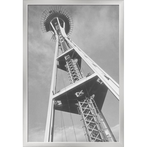 Seattle, WA - Space Needle Construction from Ground (24x36 Giclee Art Print, Gallery Framed, Silver Wood)