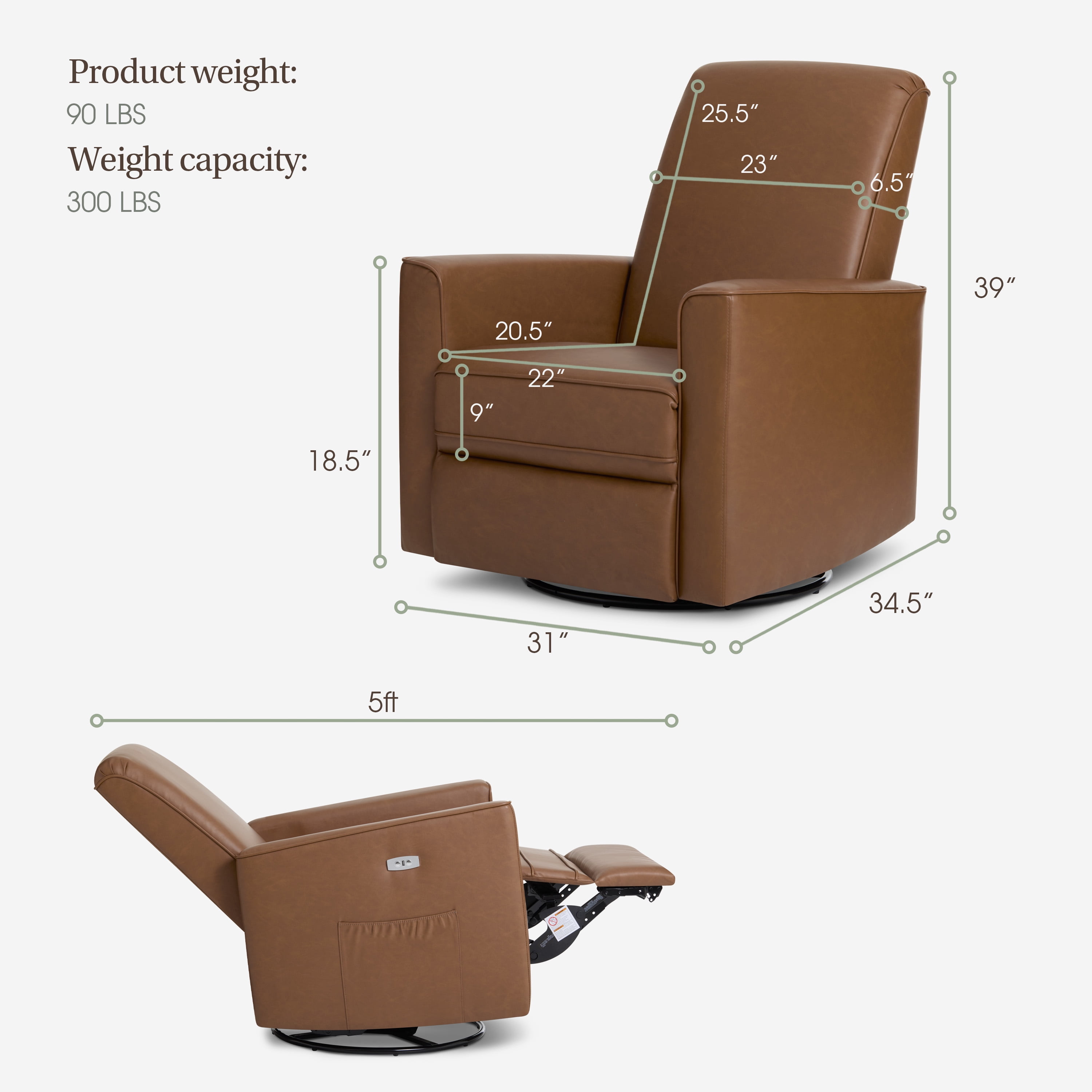 Evolur Harlow Deluxe Upholstered Plush Seating Glider Swivel, Power Recliner with USB Port, Greenguard Gold Certified, Glider Chair for Nursery, Cognac