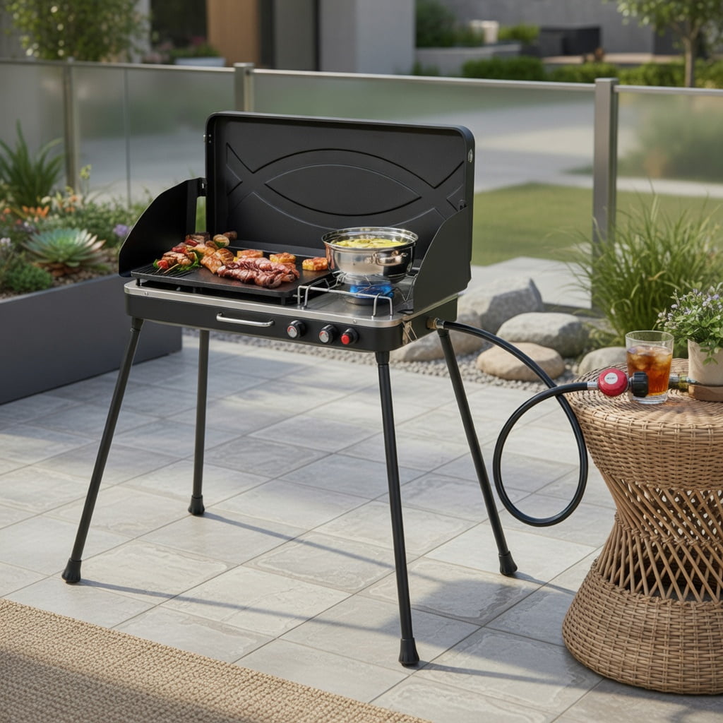 Resenkos Outdoor Patio Barbecue Cooker, Outdoor Grills,2-in-1 Gas Camping Grill and Stove with Detachable Legs-Black