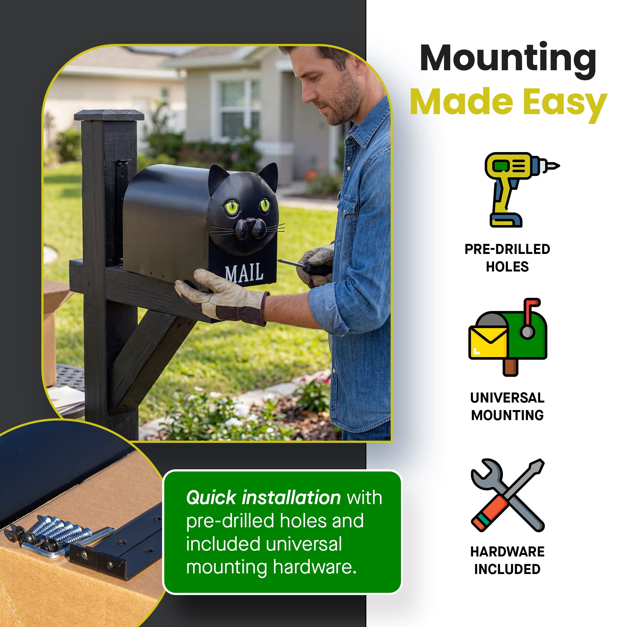 Made Easy Kit Metal Mailbox Animal Design - Fast Straight Forward Post Mounting Bracket Install - Durable All Weather Rust Resistant - Letters, Mail, Small Packages