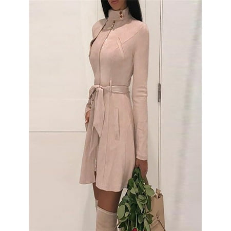 Polo Zipper Jacket - Fashion Women Solid Turtleneck Zipper Bow Bandage Windbreaker Long Coat Overcoat