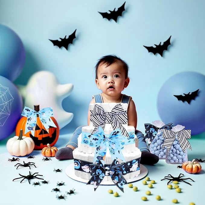4 Rolls 20 Yards Blue and Black Halloween Wired Ribbons, 2.5 Inch Ghost Pumpkin Bat Printed Grosgrain Ribbon, Halloween Themed Fabric Ribbon for Wreaths, Wrapping Gifts, Crafts