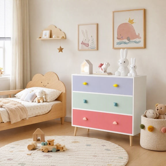 Jivora 31.5" Kids 3 Drawer Dresser, Storage Cabinet for Bedroom, Playroom and Closet