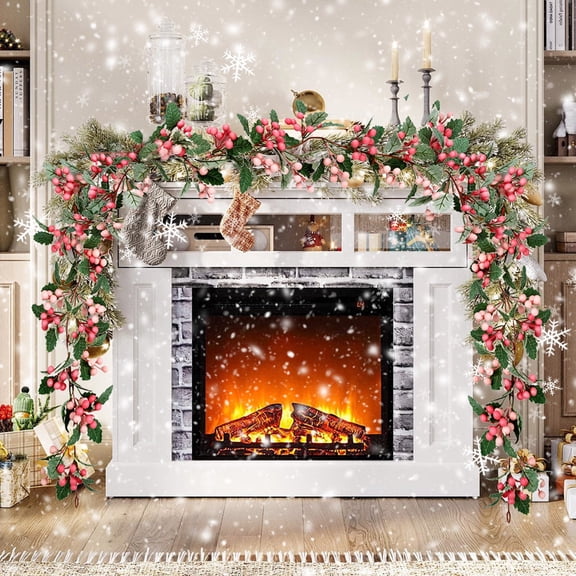 WKSCLPAI Winter Wreath Vines Christmas Artificial Decorative Rattan Holiday Hanging Garlands Faux Christmas with Red Berries for Stairs Wall Fireplace Mantel Indoor Outdoor Decor A