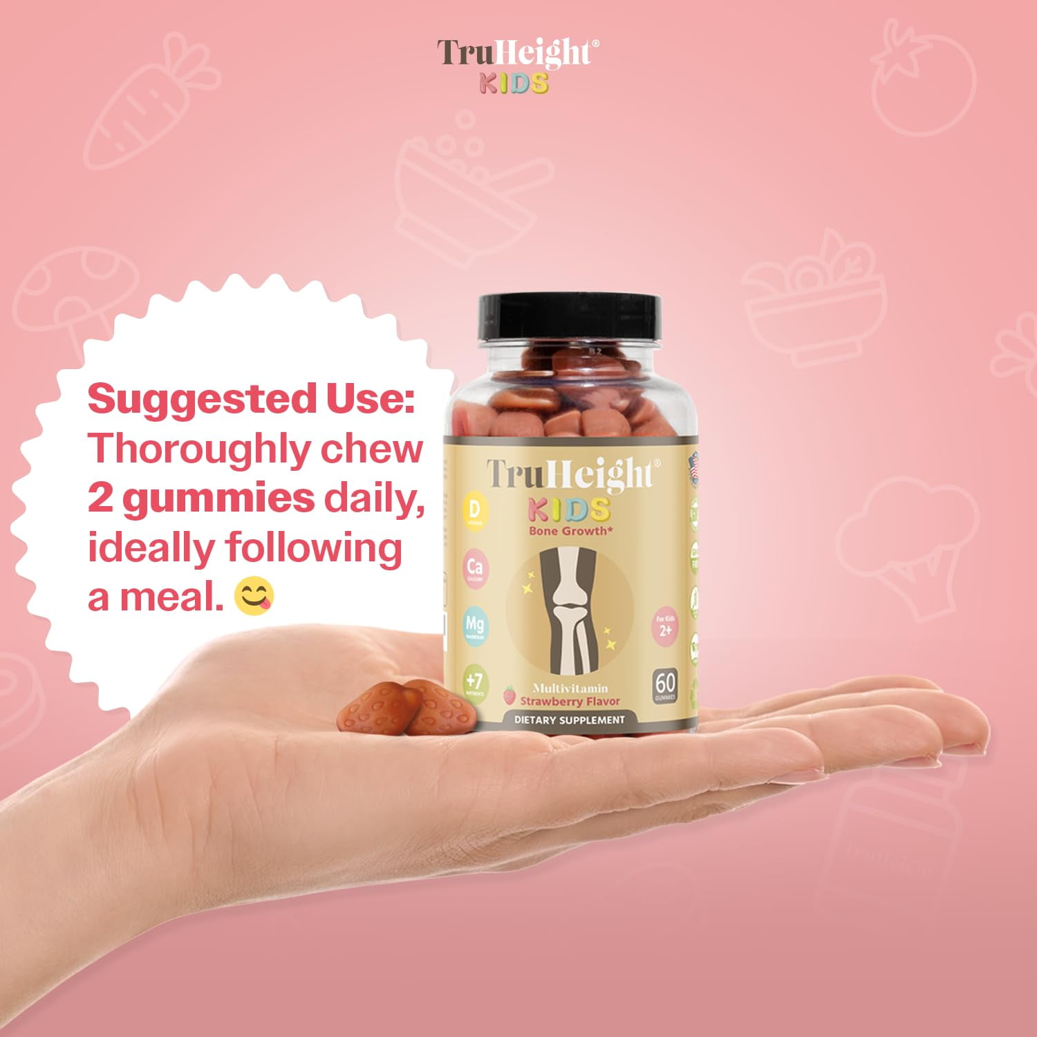 TruHeight Kids Bone Growth Gummies (Strawberry, Ages 2+) All Natural Kids & Toddler Vitamins - Vitamin D, Calcium, K2, Magnesium Multivitamin, Natural Growth & Development, Builds Strong Bones, Vegan