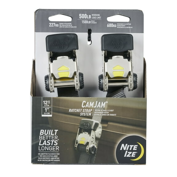 Nite Ize CamJam Ratchet Strap System - Easy-Release Patented Lever Pawl - Tie Down Straps & Ratchet with Adjustable Positioning for Varied Configurations - 500 lb Working Load Limit - Small (2 Pack)