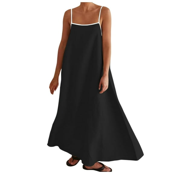 Womens Maxi Dress - Contrast Trim Spaghetti Straps, Summer Beach Outfit, Sleeveless Long Vacation Dress