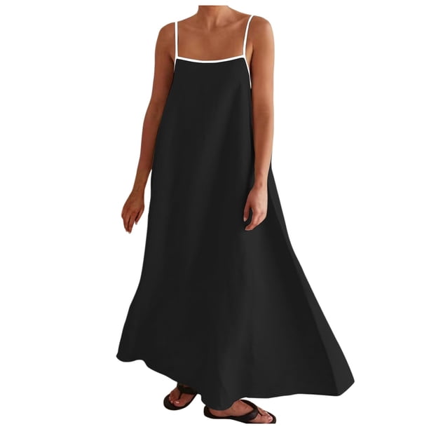 Vestido largo para mujer: tirantes finos con ribete en contraste, prenda de verano para la playa, vestido largo sin mangas para vacaciones.