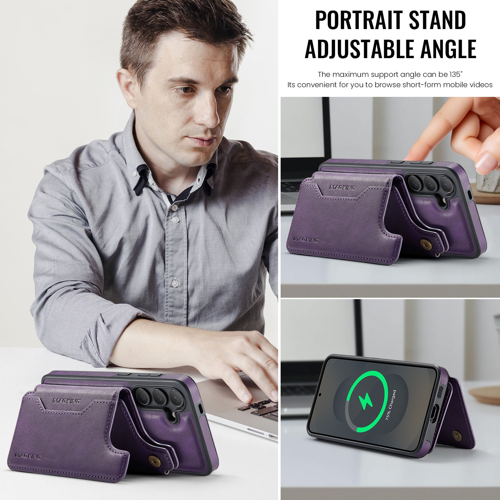 Designed for Samsung Galaxy S25+ Wallet Phone Case,Magnetic Detachable Flip Card Holder,Back Flip Kickstand,Compatible with Mag-Safe,2-in-1 PU Leather Heavy Duty Shockproof Phone Case,Purple