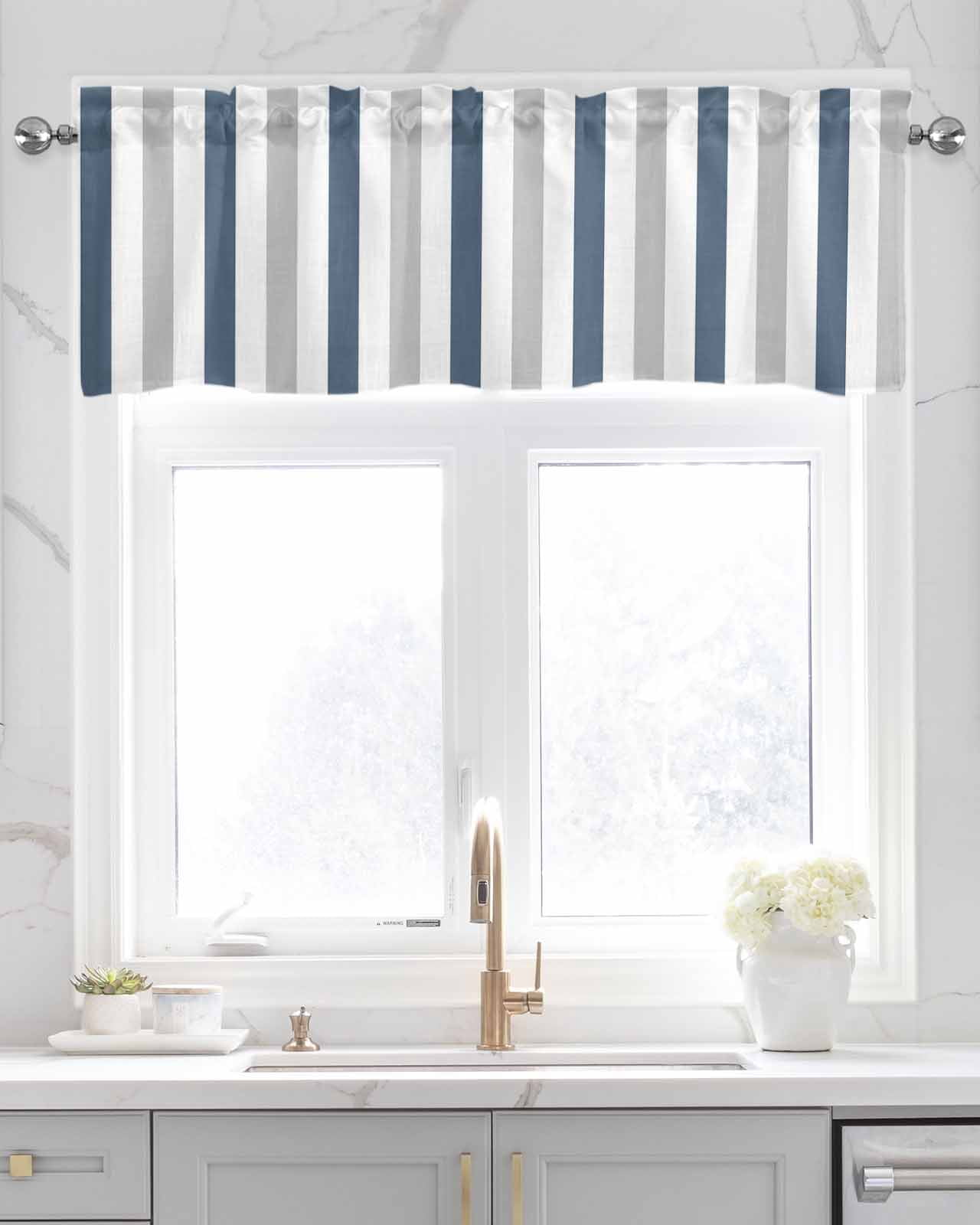 Blue Gray Striped Kitchen Valances for Windows Farmhouse Linen Window Valance Curtain for Living Room Window Treatment Farmhouse Stripe Art Valance Rod Pocket Topper Drape, 54 x 18 Inch