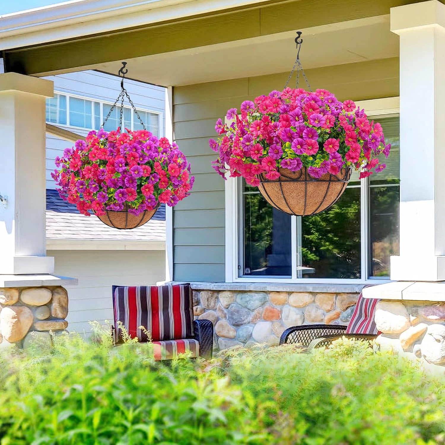 Waipfaru Artificial Hanging Flowers in Basket,Fake Hanging Plants for Outdoors Spring Summer Decoration,UV Resistant Petunias Flower for Garden Porch Patio Balcony Decor