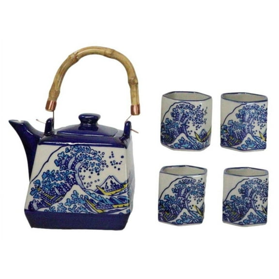 Blue White Great Wave Of Kanagawa Hokusai Hexagonal Teapot With 4 Tea Cups Set