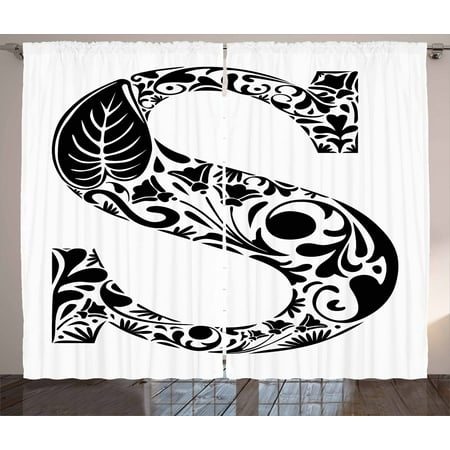 Letter S Curtains 2 Panels Set Natural Floral Design Monochrome
