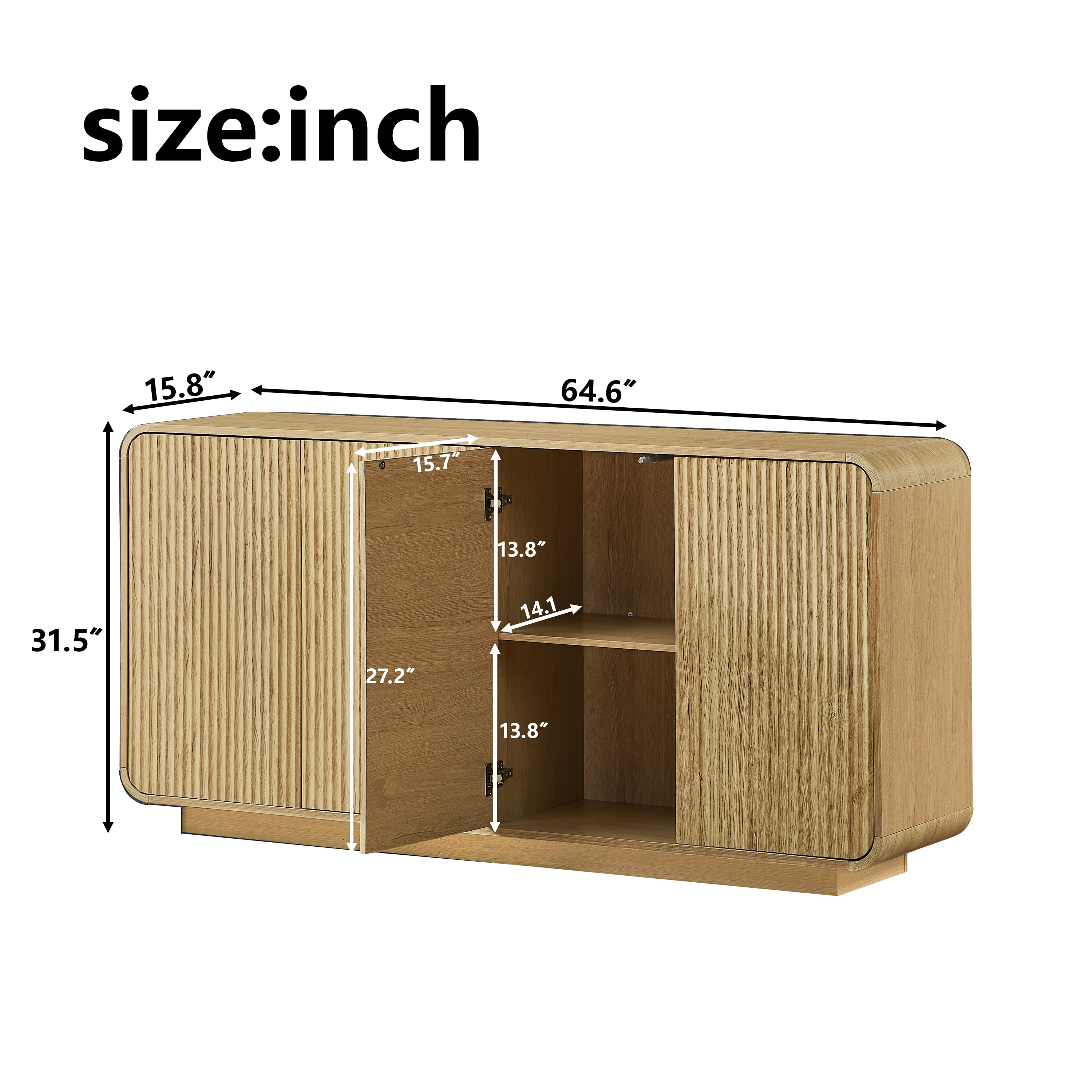Buffet Sideboard Cabinet 64.6 Inch, Modern Vertical Fluted Entryway Cabinet with Soft-Close Doors, Waterproof Storage Cabinet for Living Room and Kitchen, Natural