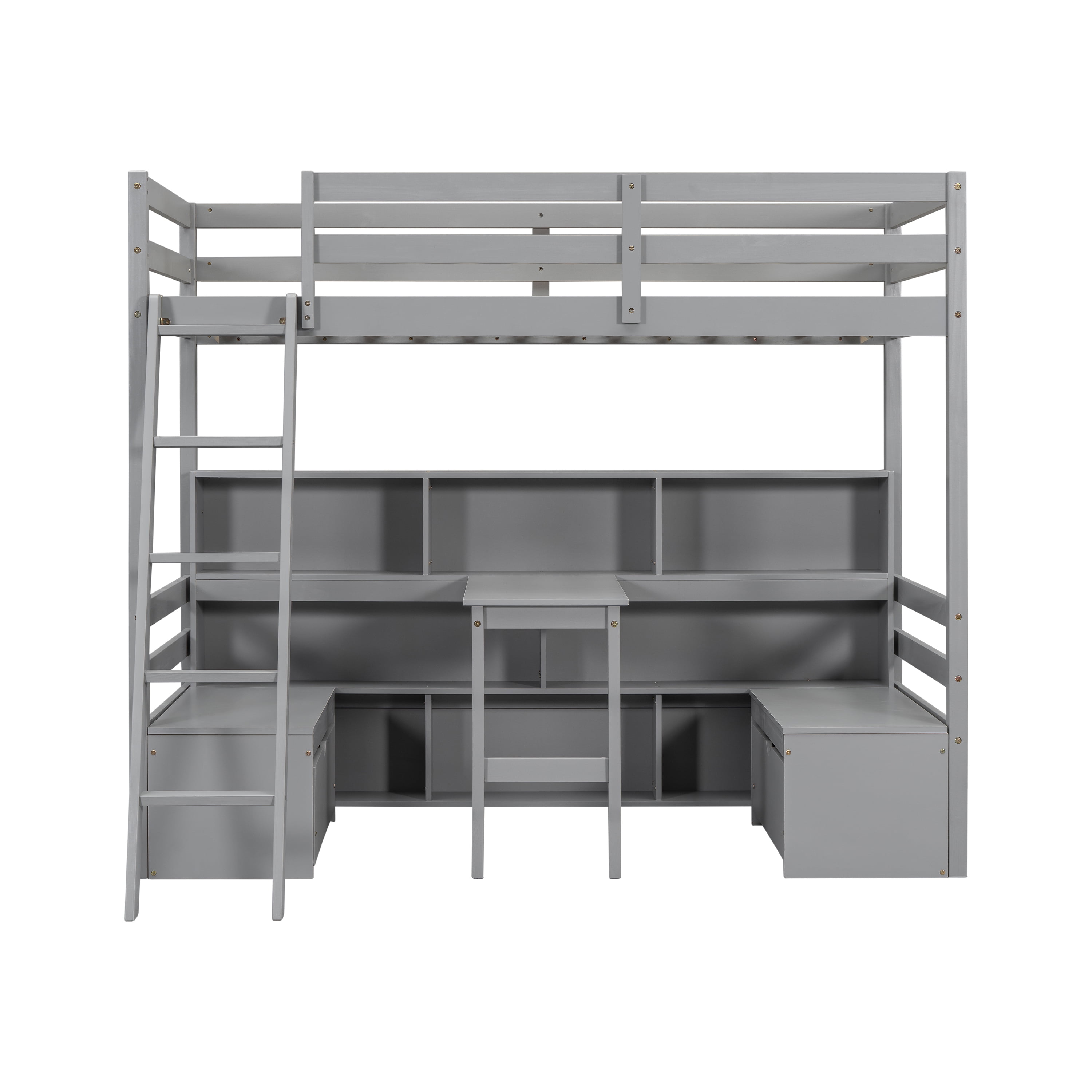 Euroco Modern Wood Twin Size Loft Bed with Desk and Drawers, Storage Shelves and Seat Design for Kids Teens, Grey