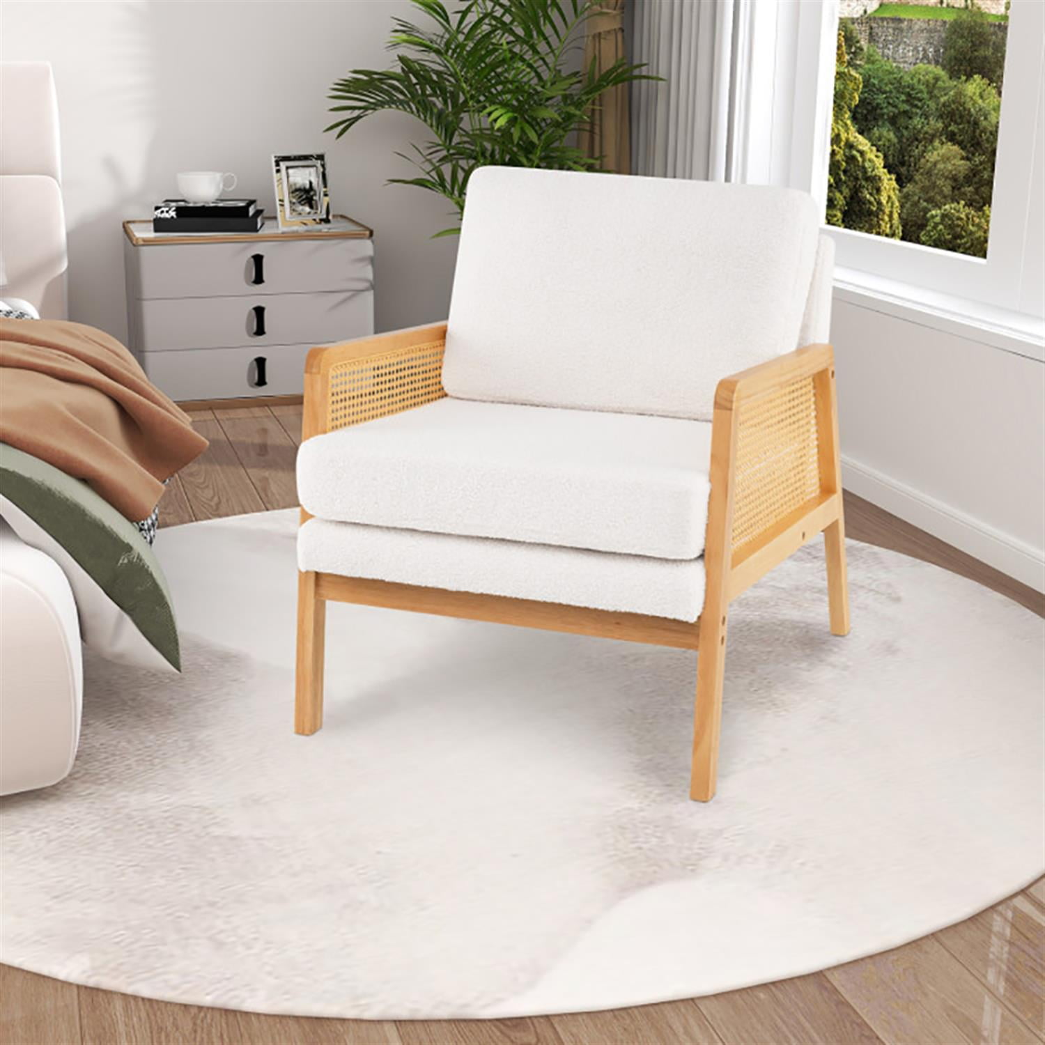 Demi Bonn Modern Accent Chair, Elegant Armchair with Rattan Arms and Cushion, Suitable for Living Room Bedroom Reception Room Office, Beige