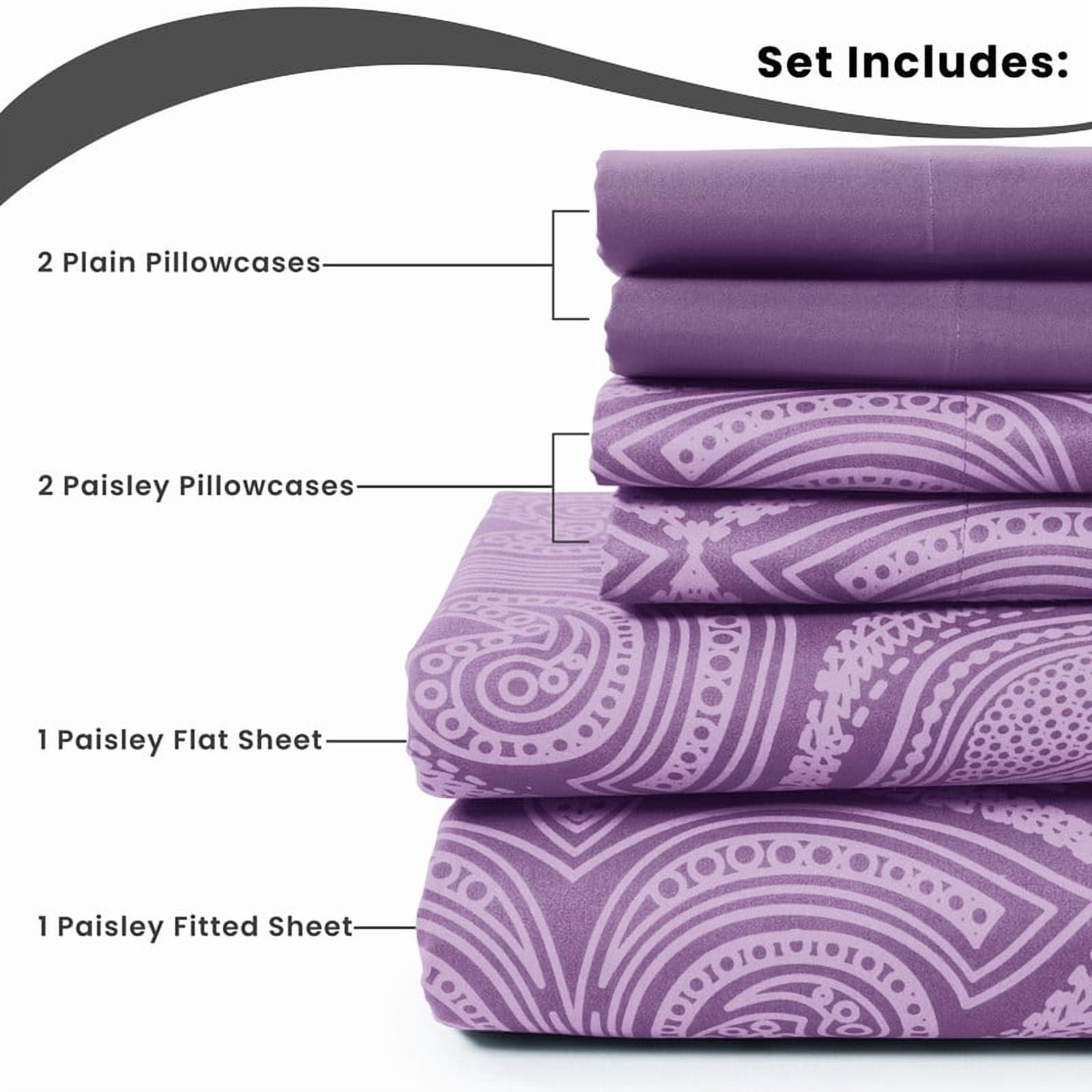 Lux Decor Collection Paisley Printed Queen Bed Sheets Set, Microfiber 6 Piece Bedding Set - Purple
