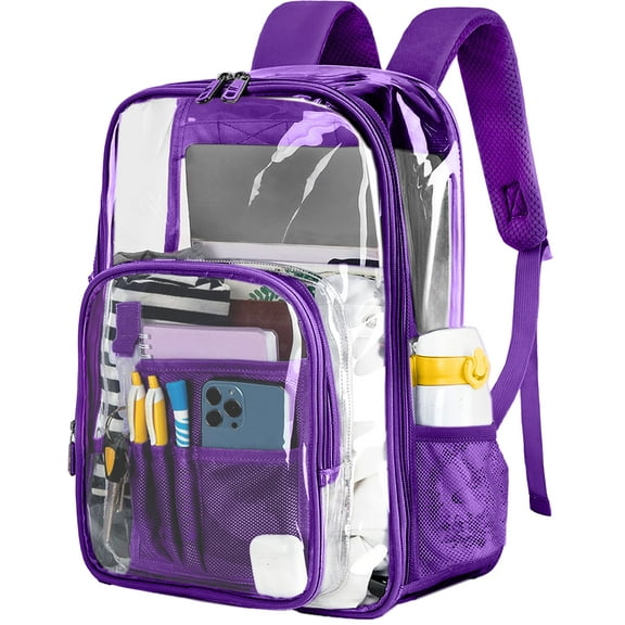 Inadays Waterproof Clear Backpack Heavy Duty PVC Transparent Large Capacity Backpack with Reinforced Strap for School, Work, Stadium, Travel, Security, Festival, College (Purple)