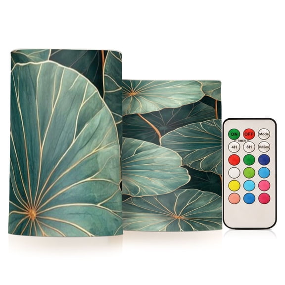 Lotus Leaf Flickering Flameless Candles Battery Operated with Remote Timer LED Pillar Candles Set of 2