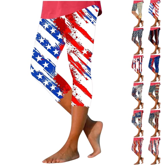 NSLGXD Patriotic Tie Dye Capri Leggings for Women American Flag Print High Waisted Stretchy Workout Pants Plus Size Cropped Legging S-4XL