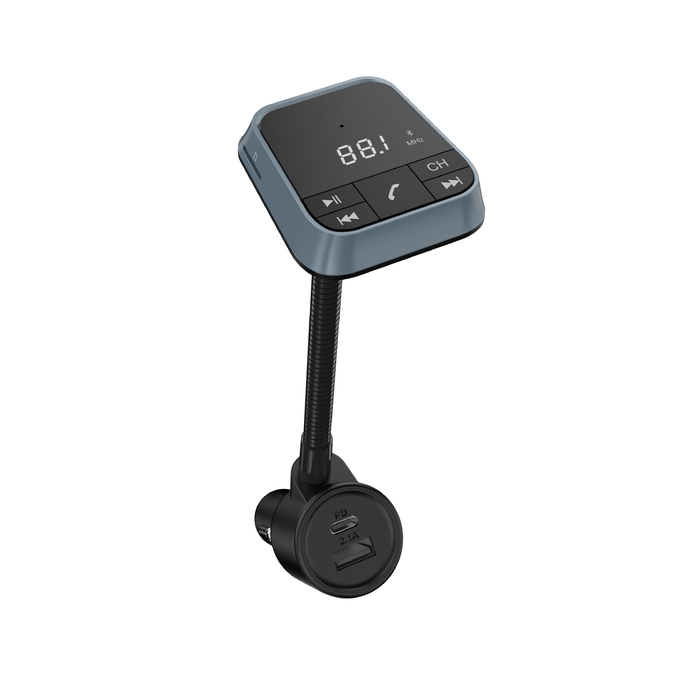 Onn Gooseneck Bluetooth FM Transmitter, Flexiable Adjustable Viewing Angle, Dual Charging Ports, Compatible with Smartphones